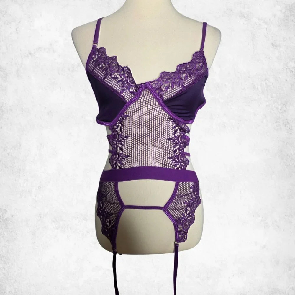 Purple Lace Mesh Garter Bodysuit – XL Strappy Fishnet Goth Glam Seductive Teddy - Picture 5 of 6